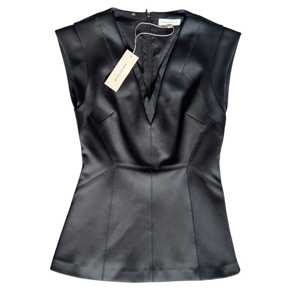 NWT Rebecca Taylor Cap Sleeve VNeck Top in Black Scuba Back Full Zip Size 0